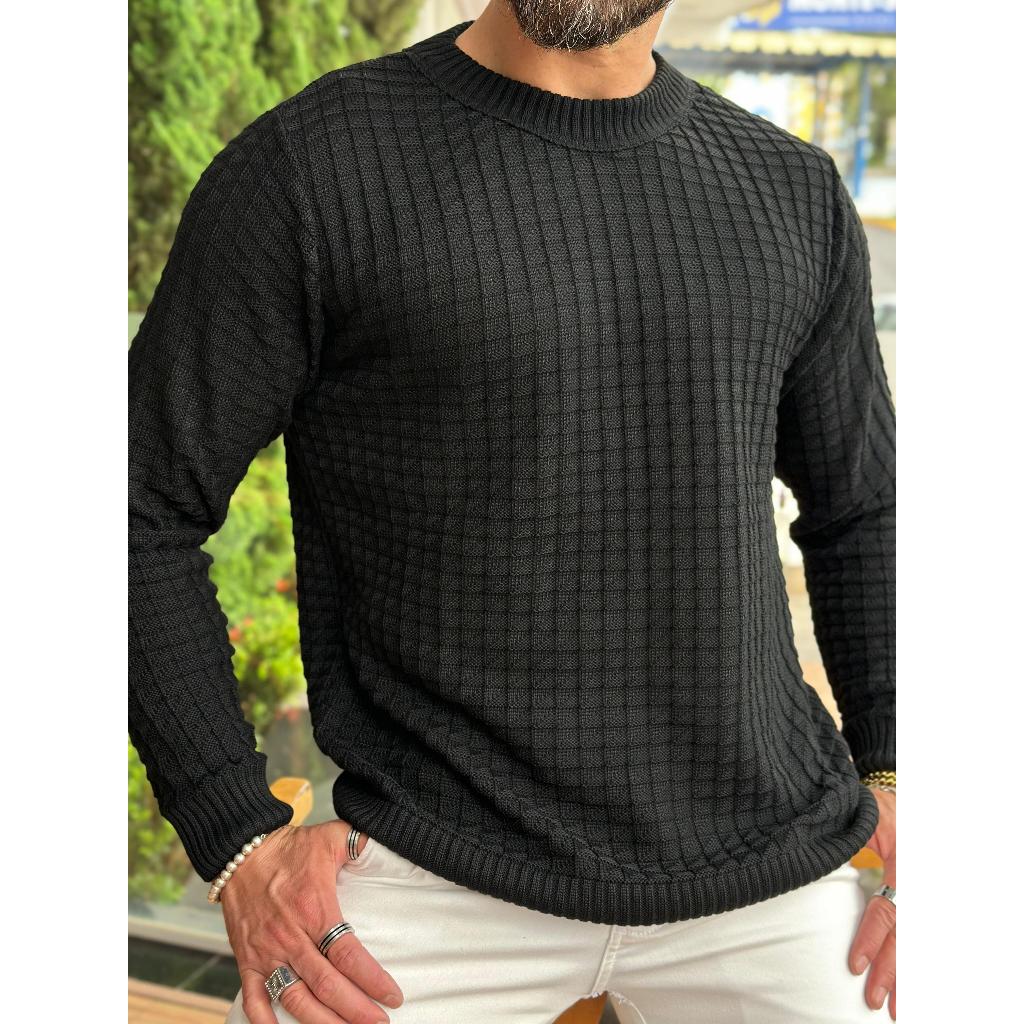 Suéter Masculino de Tricot Básico Liso Gola Redonda