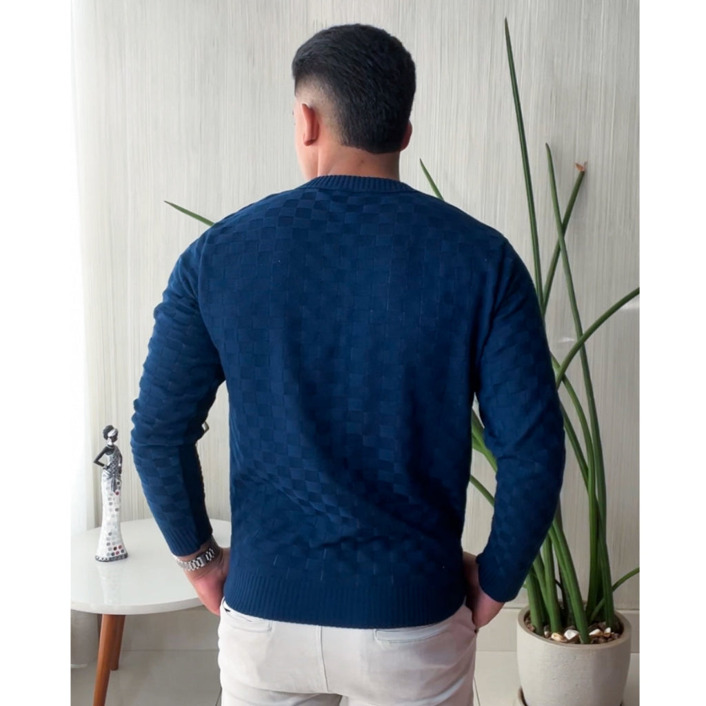 Sueter Masculino Lã Tricot Xadrez Blusa de Frio de Tricô Manga Longa Básica Elegante Confortável