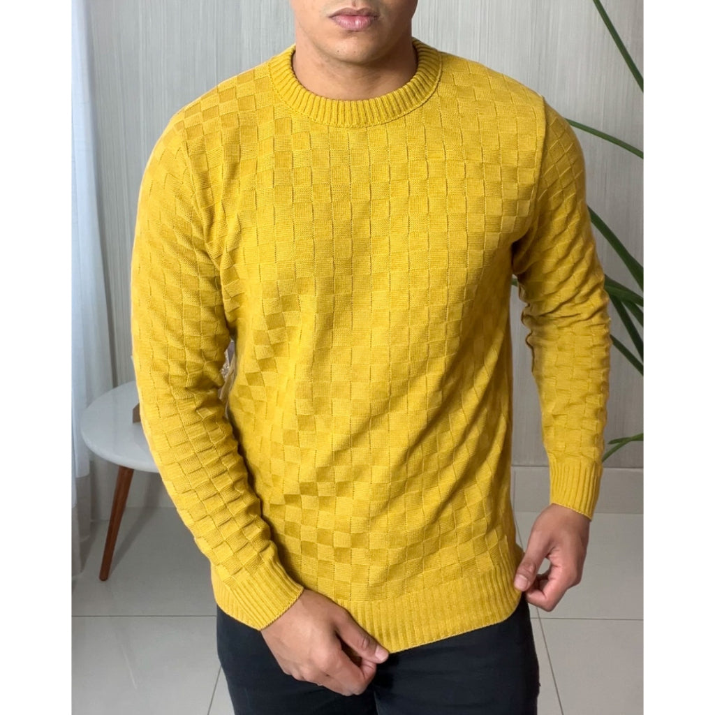 Sueter Masculino Lã Tricot Xadrez Blusa de Frio de Tricô Manga Longa Básica Elegante Confortável