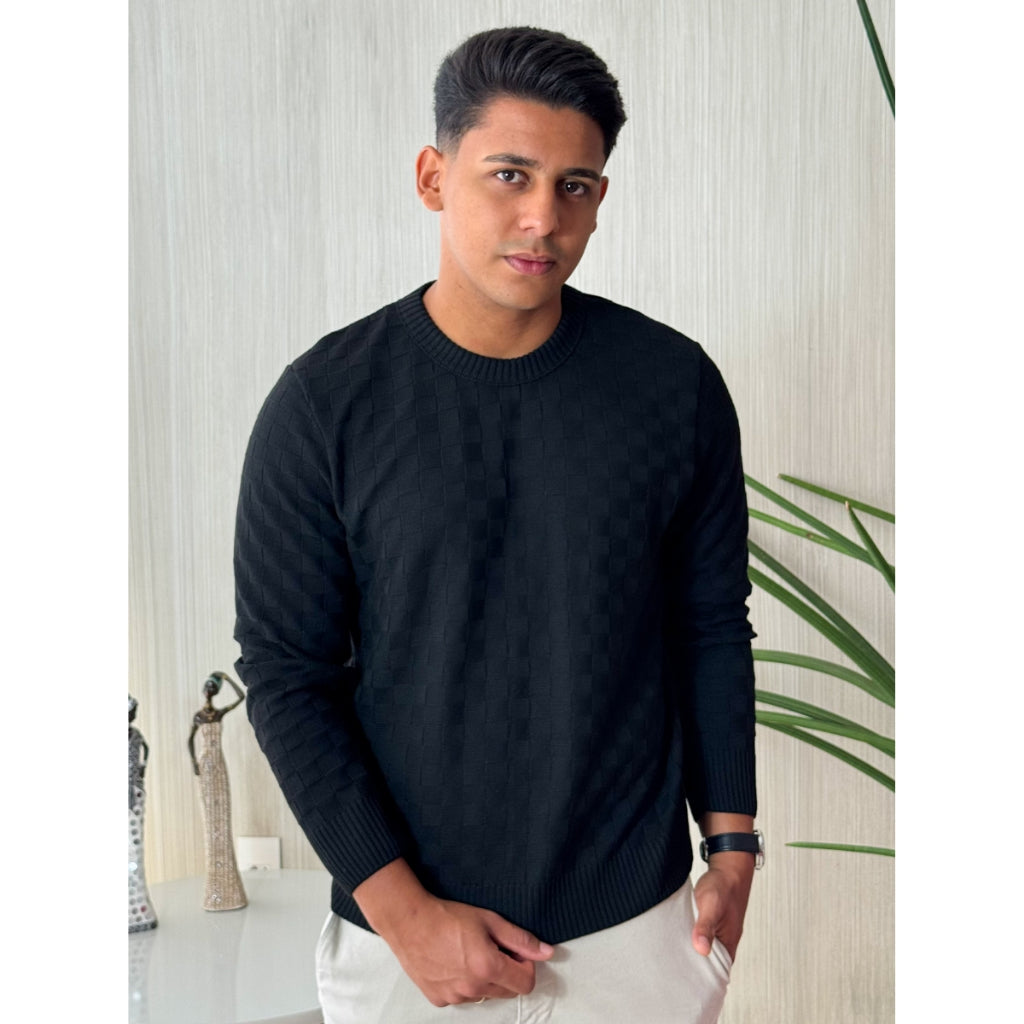 Sueter Masculino Lã Tricot Xadrez Blusa de Frio de Tricô Manga Longa Básica Elegante Confortável