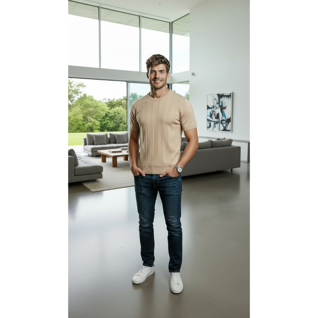 Camiseta Masculina De Tricot Com Manga Curta Gola Redonda Slim Estilosa Luxo