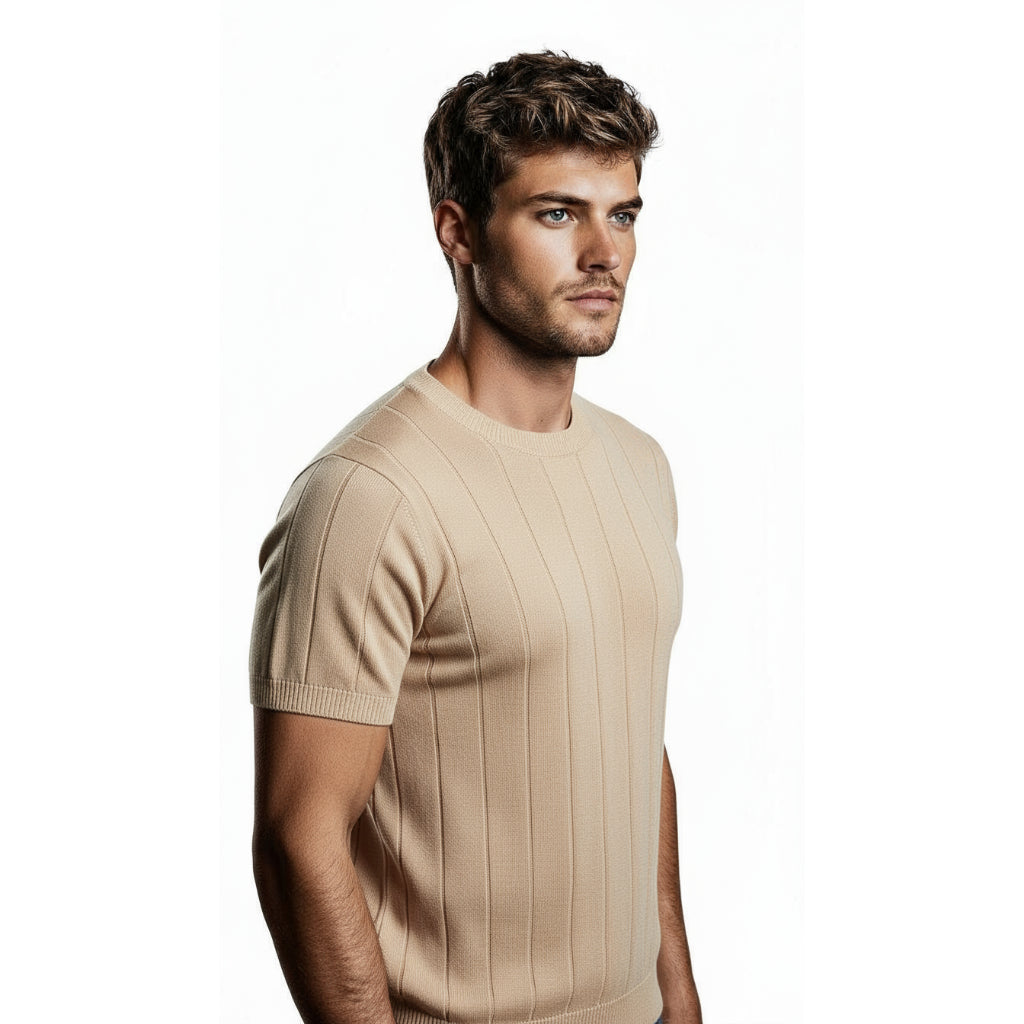 Camiseta Masculina De Tricot Com Manga Curta Gola Redonda Slim Estilosa Luxo