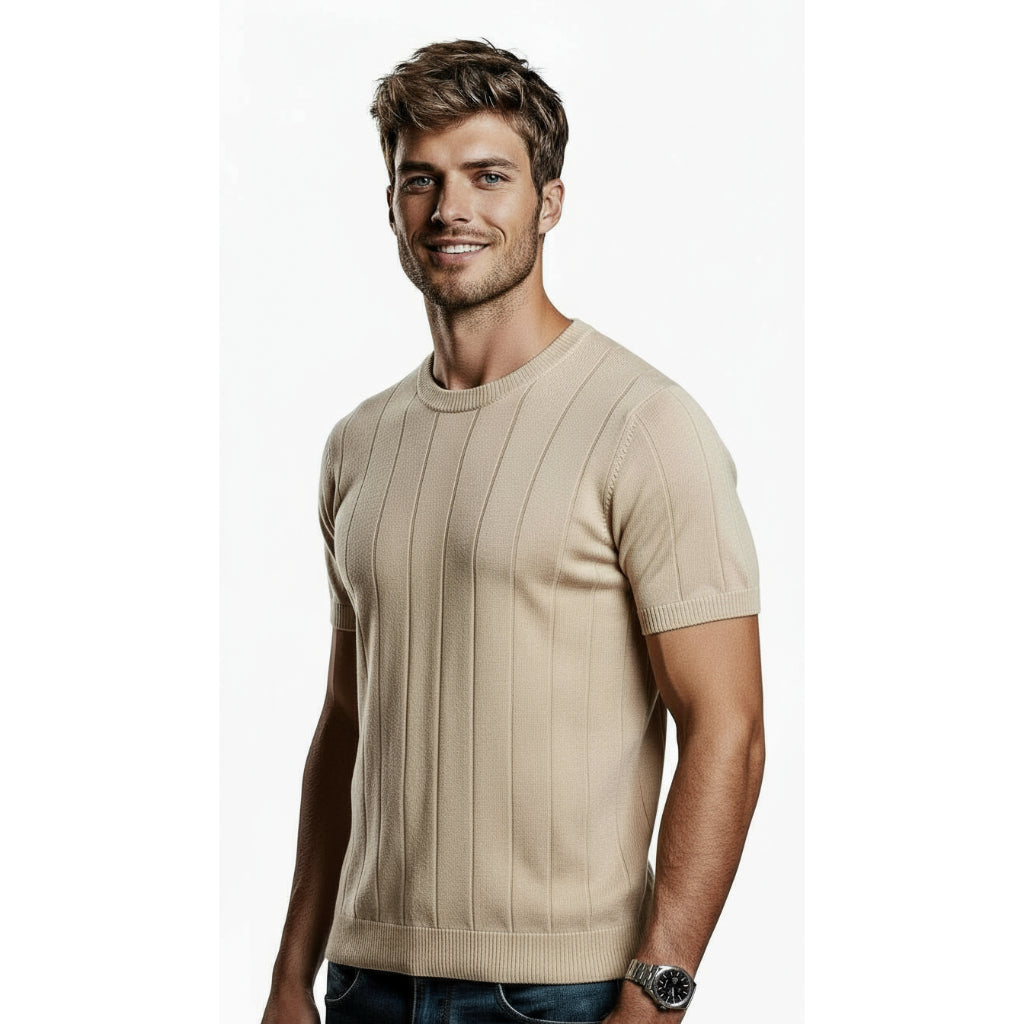 Camiseta Masculina De Tricot Com Manga Curta Gola Redonda Slim Estilosa Luxo