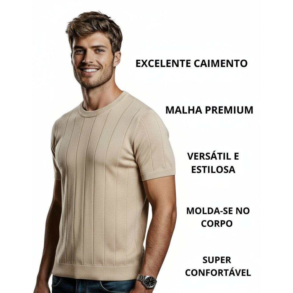 Camiseta Masculina De Tricot Com Manga Curta Gola Redonda Slim Estilosa Luxo