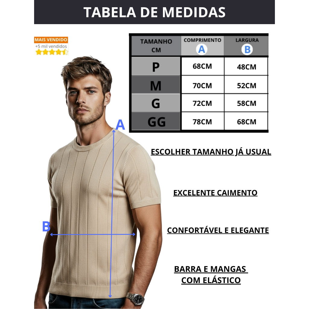 Camiseta Masculina De Tricot Com Manga Curta Gola Redonda Slim Estilosa Luxo