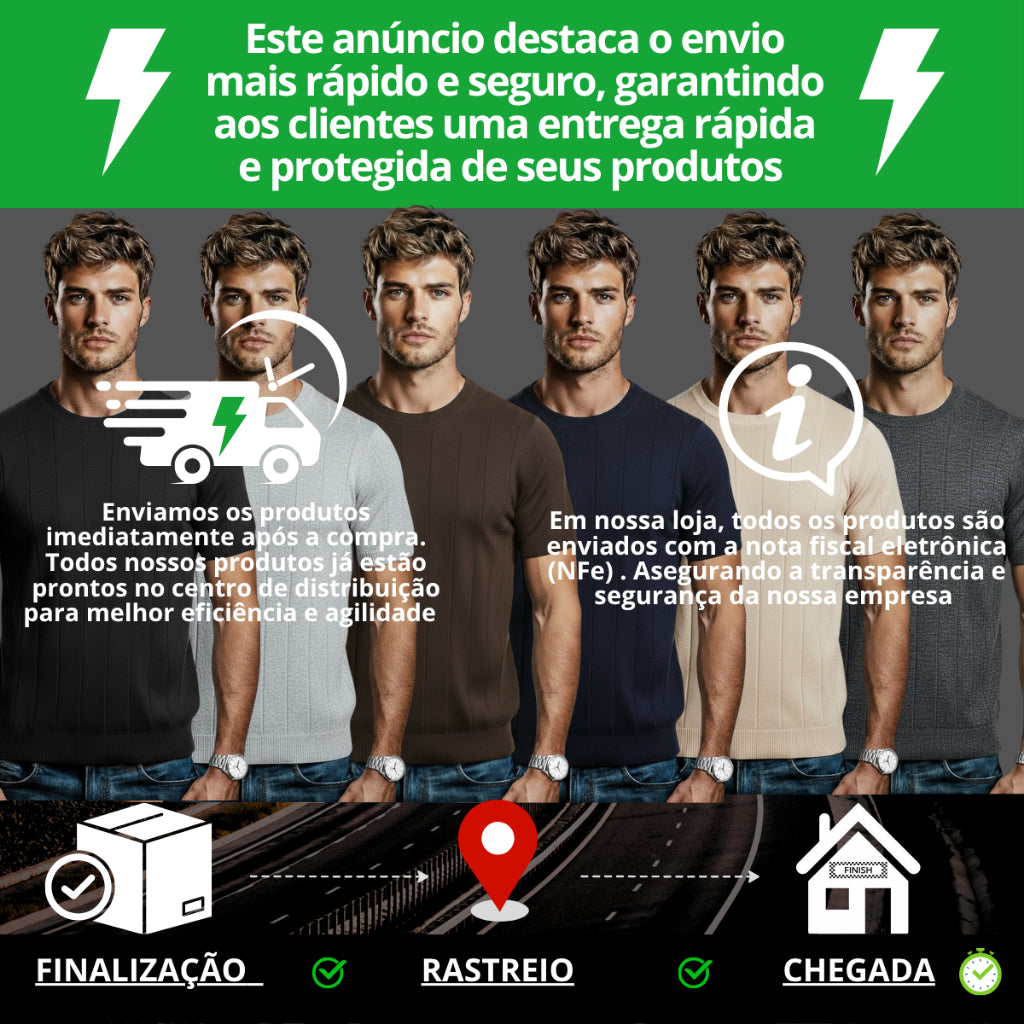 Camiseta Masculina De Tricot Com Manga Curta Gola Redonda Slim Estilosa Luxo