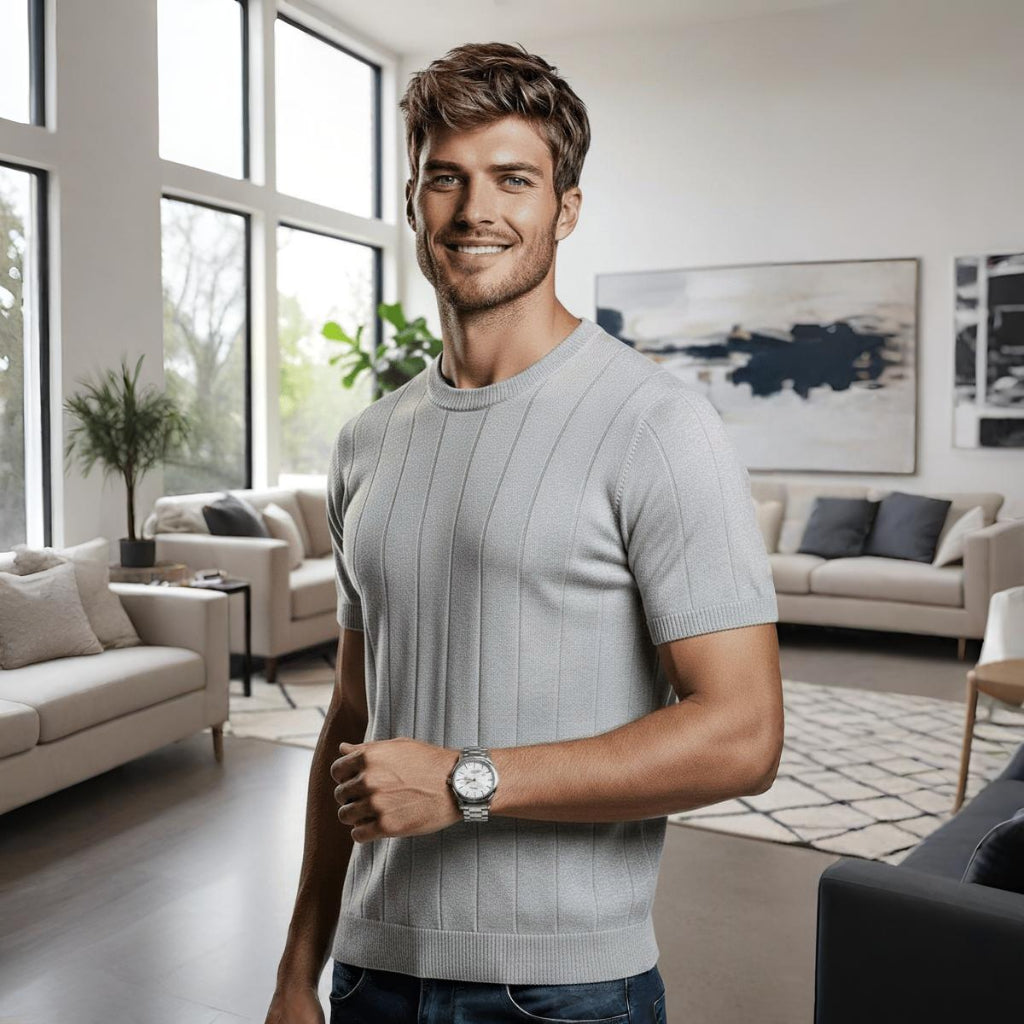 Camiseta Masculina De Tricot Com Manga Curta Gola Redonda Slim Estilosa Luxo