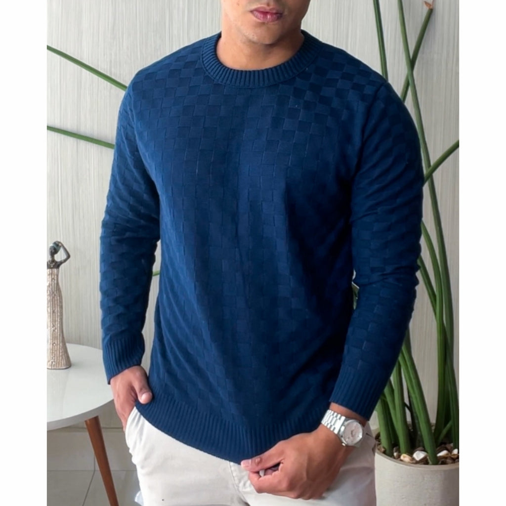 Sueter Masculino Lã Tricot Xadrez Blusa de Frio de Tricô Manga Longa Básica Elegante Confortável