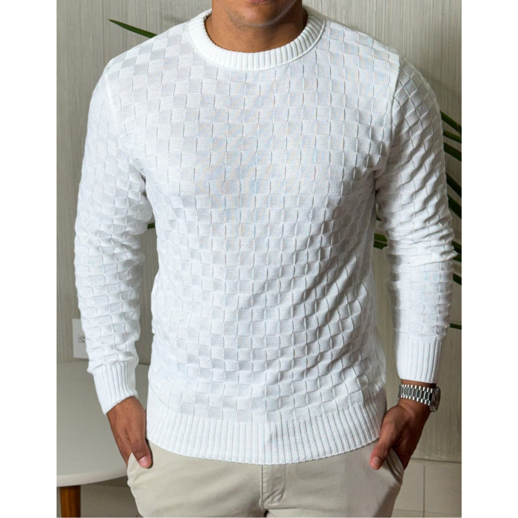 Sueter Masculino Lã Tricot Xadrez Blusa de Frio de Tricô Manga Longa Básica Elegante Confortável