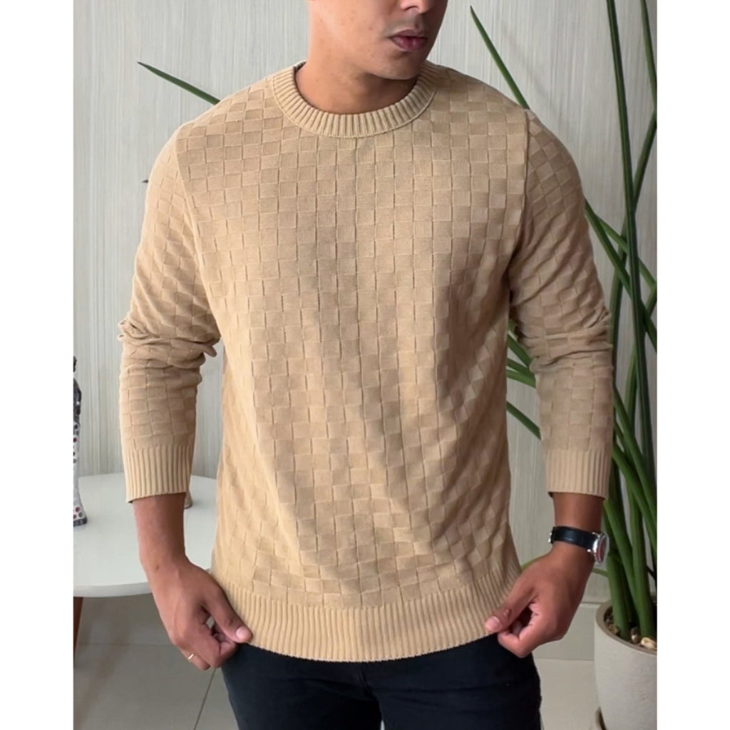 Sueter Masculino Lã Tricot Xadrez Blusa de Frio de Tricô Manga Longa Básica Elegante Confortável