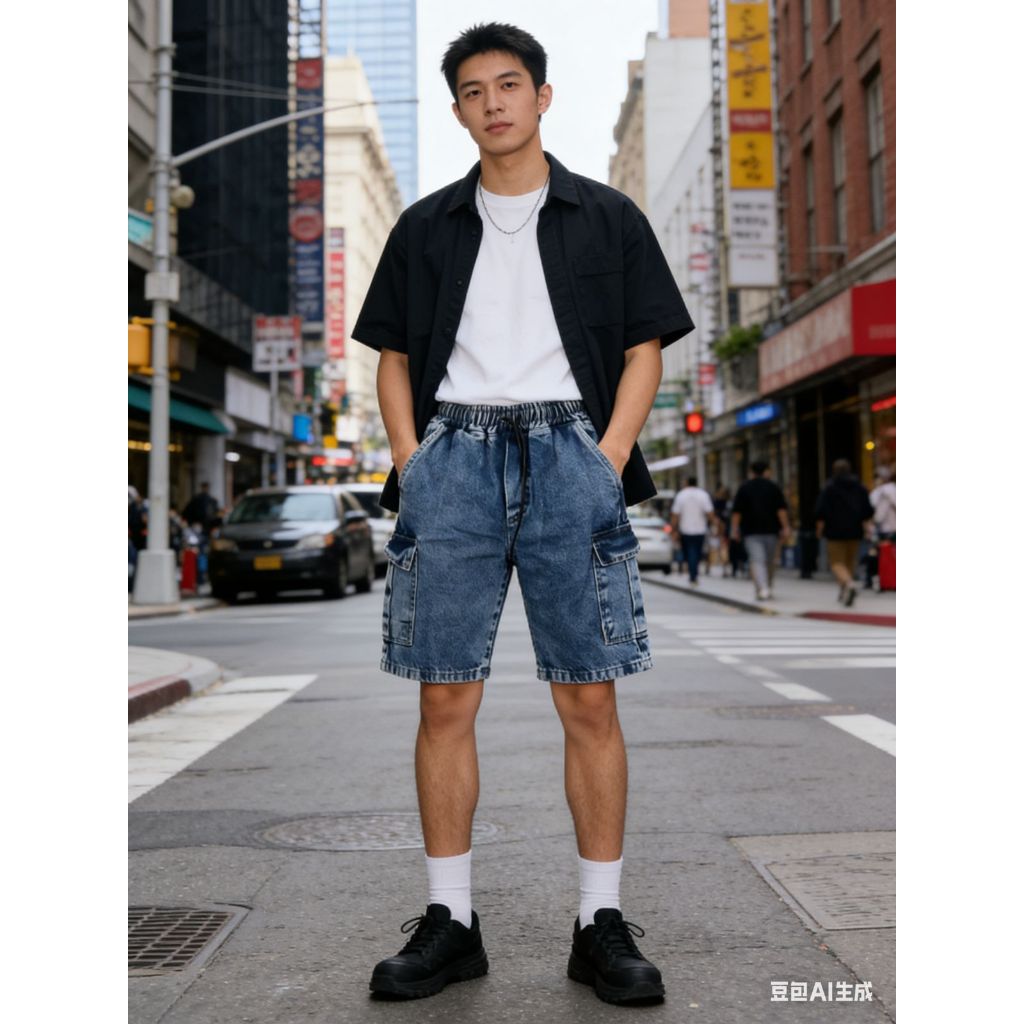 Bermuda Cargo Masculina Jeans Estonado Baagy Streetwear Solta Casual com Bolsos Grandes Cintura Codao P AO GG