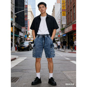 Bermuda Cargo Masculina Jeans Estonado Baagy Streetwear Solta Casual com Bolsos Grandes Cintura Codao P AO GG