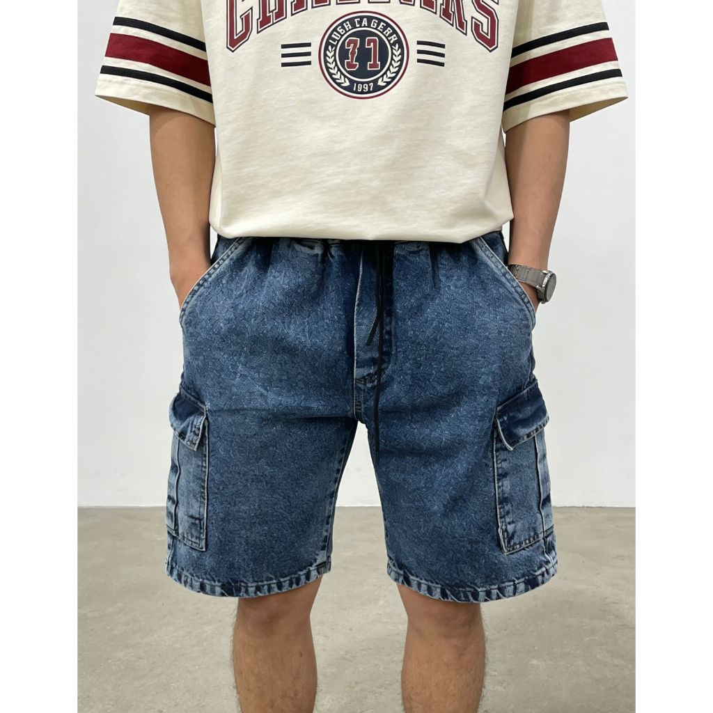 Bermuda Cargo Masculina Jeans Estonado Baagy Streetwear Solta Casual com Bolsos Grandes Cintura Codao P AO GG