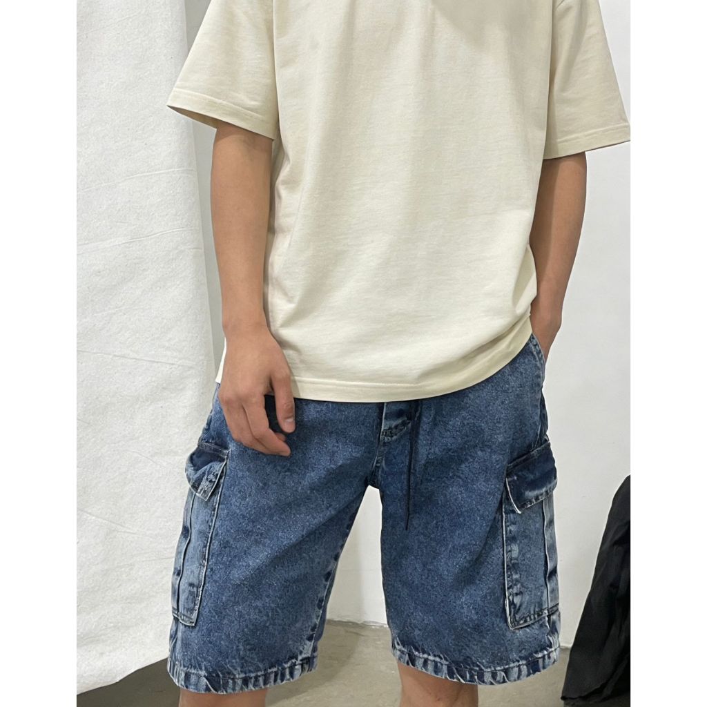 Bermuda Cargo Masculina Jeans Estonado Baagy Streetwear Solta Casual com Bolsos Grandes Cintura Codao P AO GG