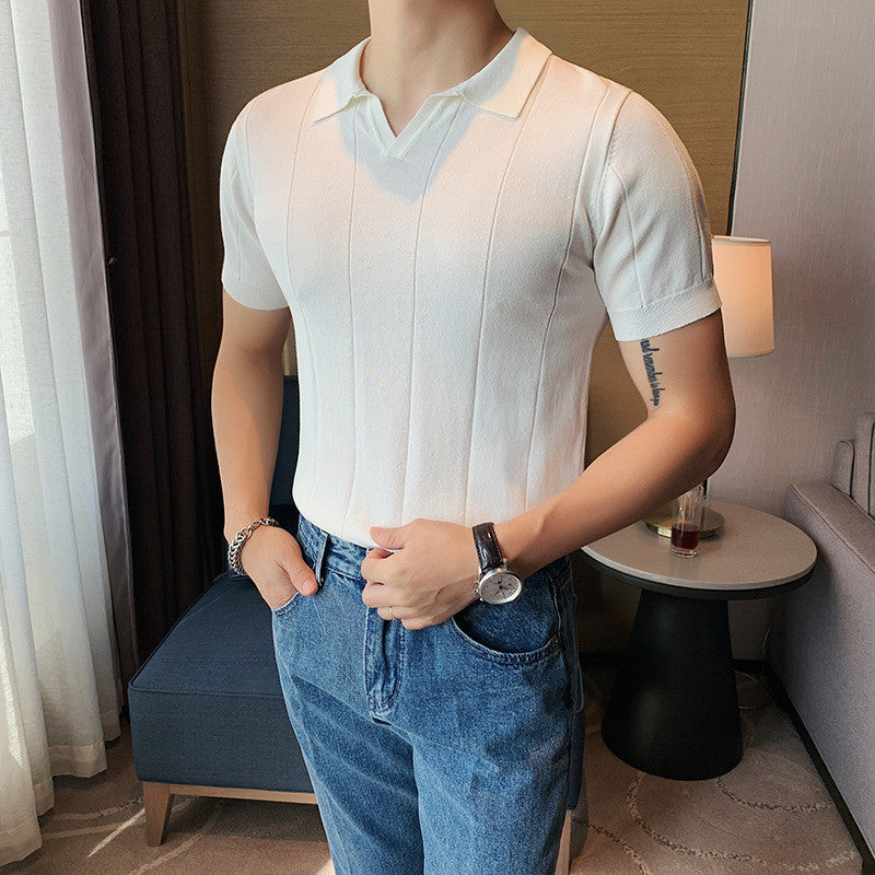 [MAOINGMEN] Camisa Pólo Masculina De Manga Curta de Seda Camiseta Paul Mccartney de Verão Slim-Fit V-Neck Tricotada Para