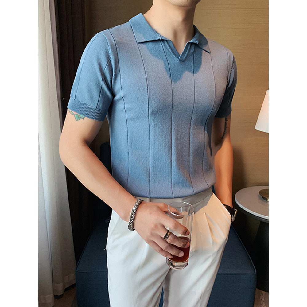 [MAOINGMEN] Camisa Pólo Masculina De Manga Curta de Seda Camiseta Paul Mccartney de Verão Slim-Fit V-Neck Tricotada Para