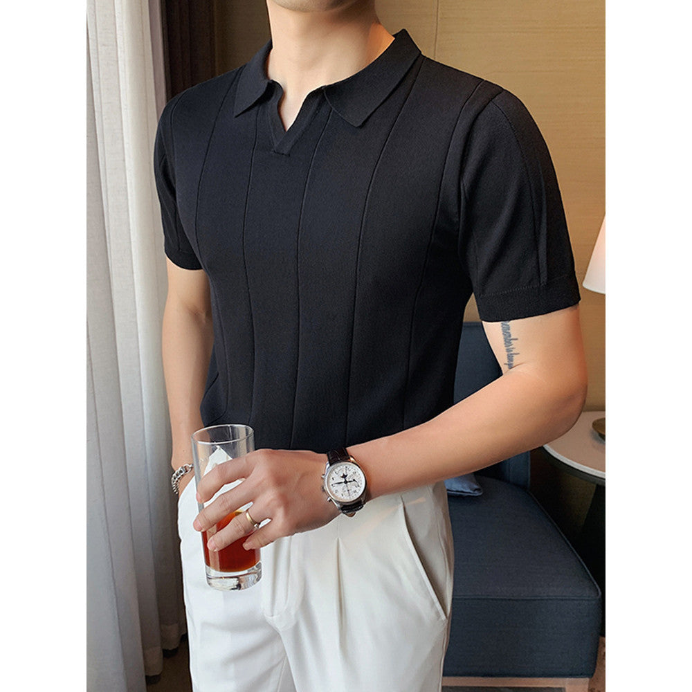 [MAOINGMEN] Camisa Pólo Masculina De Manga Curta de Seda Camiseta Paul Mccartney de Verão Slim-Fit V-Neck Tricotada Para