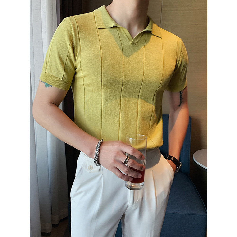 [MAOINGMEN] Camisa Pólo Masculina De Manga Curta de Seda Camiseta Paul Mccartney de Verão Slim-Fit V-Neck Tricotada Para