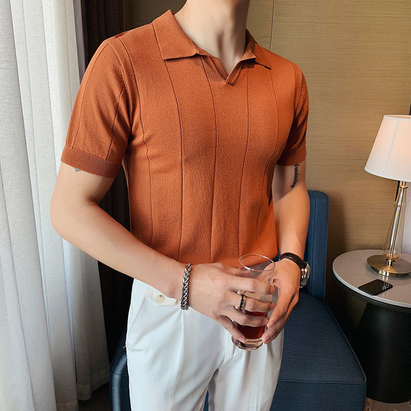 [MAOINGMEN] Camisa Pólo Masculina De Manga Curta de Seda Camiseta Paul Mccartney de Verão Slim-Fit V-Neck Tricotada Para