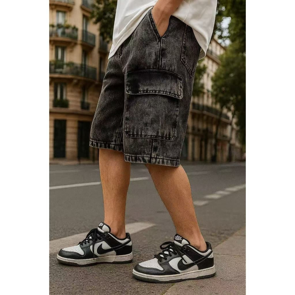 Bermuda Cargo Masculina Jeans Estonado Baagy Streetwear Solta Casual com Bolsos Grandes Cintura Codao P AO GG