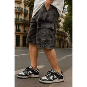 Bermuda Cargo Masculina Jeans Estonado Baagy Streetwear Solta Casual com Bolsos Grandes Cintura Codao P AO GG